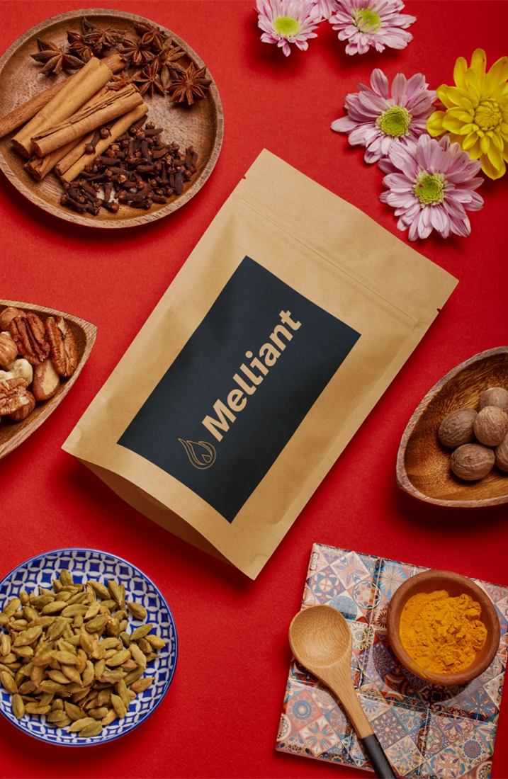 Melliant pouch surrounded by spices and nuts